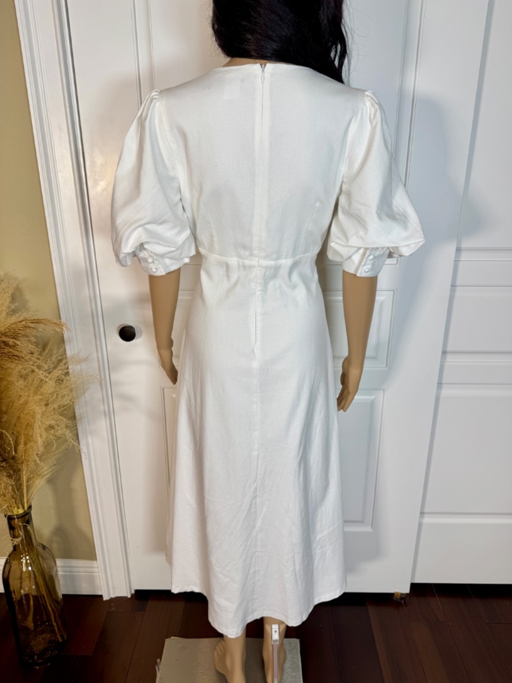 IVORY HIGH LOW PUFF SLEEVE LINEN MIDI DRESS - NWOT - Picture 11 of 15